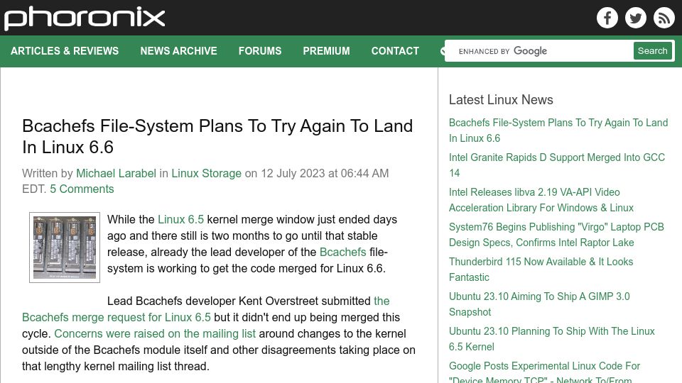Screenshot of phoronix.com: Bcachefs File-System Plans to Try Again to Land in Linux 6.6