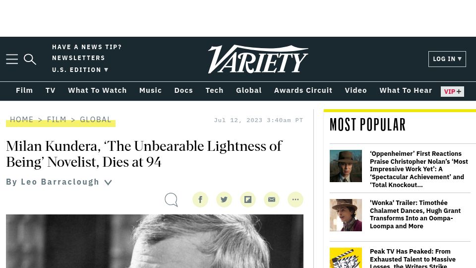 Screenshot of variety.com: Milan Kundera has died