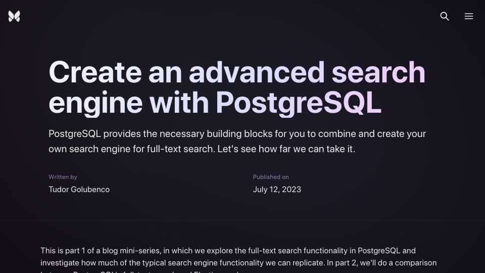 Screenshot of xata.io: Creating a search engine with PostgreSQL