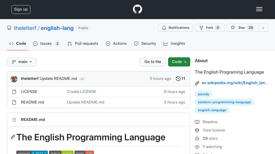 Screenshot of github.com: The English Programming Language