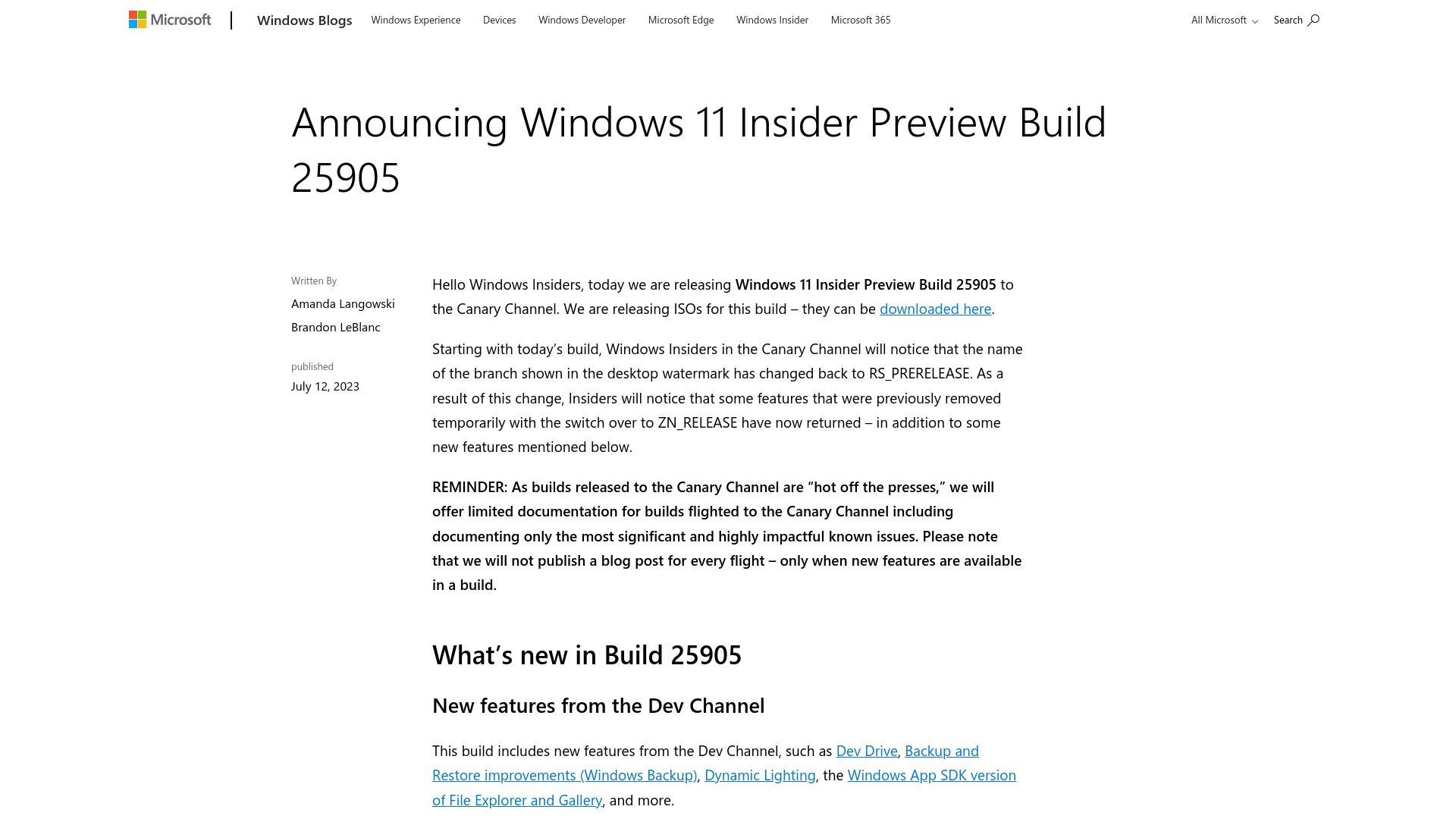 Screenshot of blogs.windows.com: Windows 11 Insider Preview Build 25905 brings a bit of Rust in the kernel