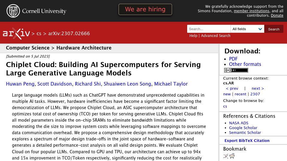 Screenshot of arxiv.org: Chiplet ASIC supercomputers for LLMs like GPT-4