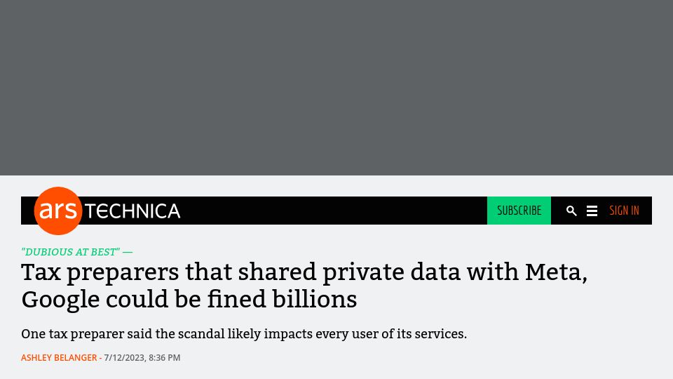 Screenshot of arstechnica.com: Tax preparers that shared private data with Meta, Google could be fined billions