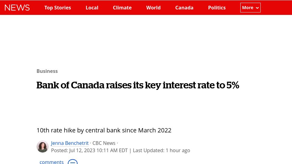 Screenshot of cbc.ca: Bank of Canada raises its interest rate to 5%
