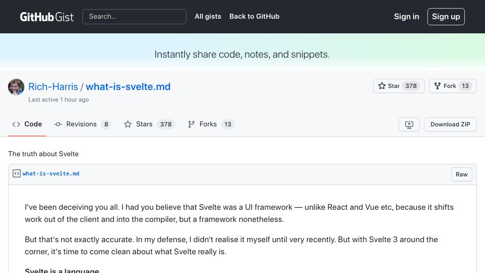 Screenshot of gist.github.com: Svelte is a language