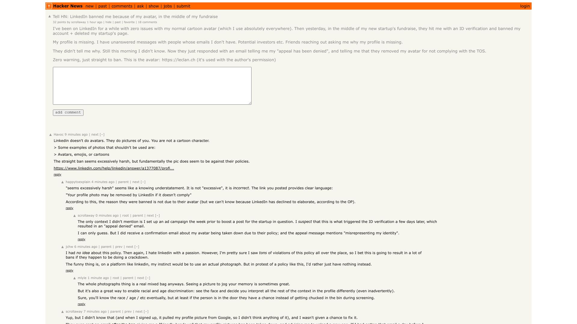 Screenshot of this Hacker News post: Tell HN: LinkedIn banned me because of my avatar, in the middle of my fundraise