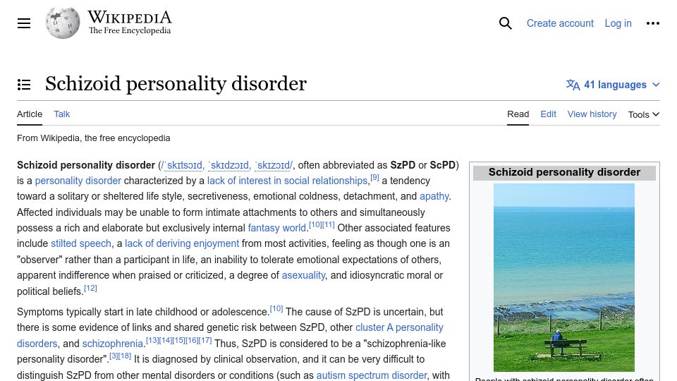 Screenshot of en.wikipedia.org: Schizoid Personality Disorder