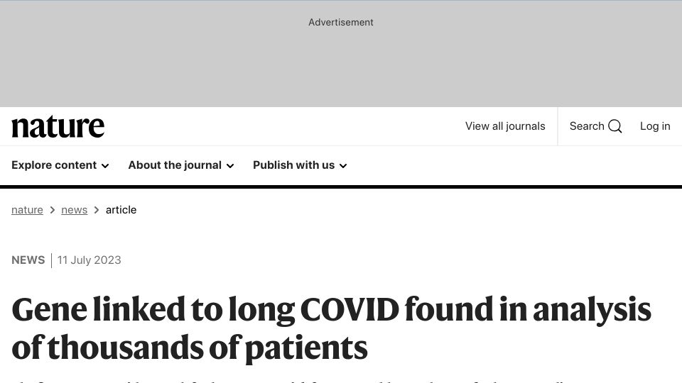 Screenshot of nature.com: Gene linked to long Covid found in analysis of thousands of patients