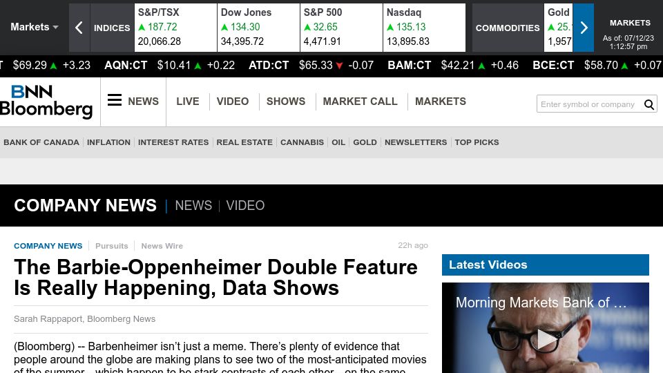 Screenshot of bnnbloomberg.ca: The Barbie-Oppenheimer Double Feature Is Happening, Data Shows