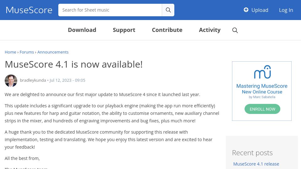 Screenshot of musescore.org: MuseScore 4.1 is now available