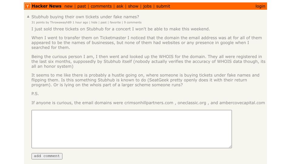 Screenshot of Hacker News post: Ask HN: Stubhub buying their own tickets under fake names?