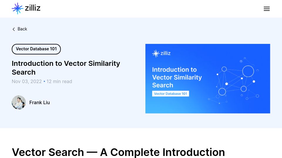 Screenshot of zilliz.com: Introduction to vector similarity search (2022)