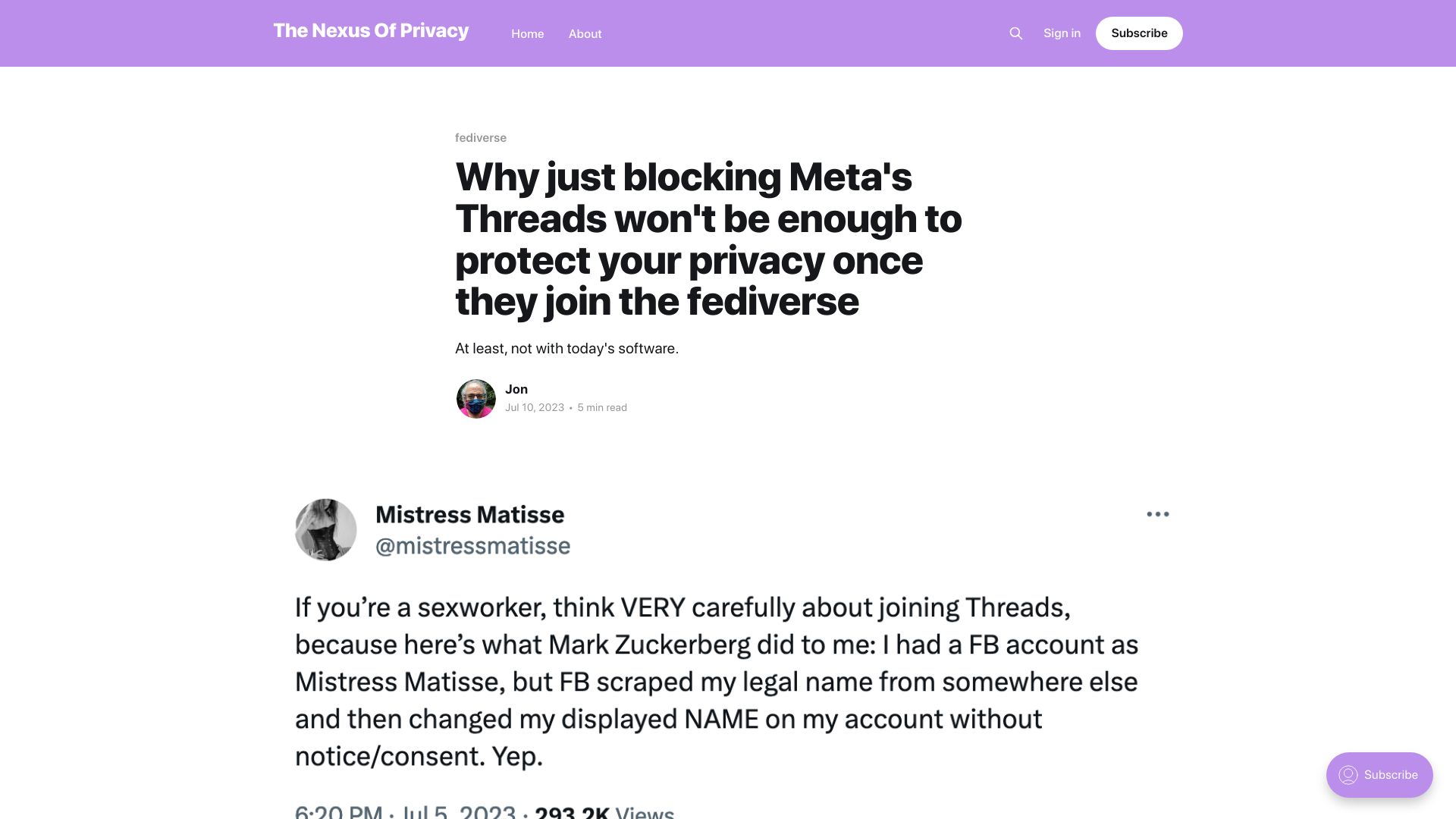 Screenshot of privacy.thenexus.today: Blocking Threads won't be enough to protect privacy once they join the Fediverse