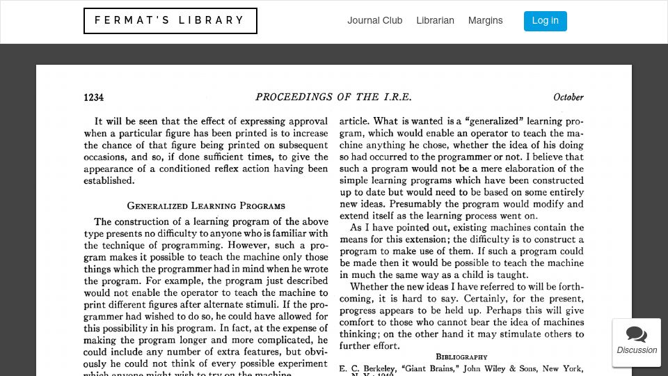Screenshot of fermatslibrary.com: Computers and Automata (1953)
