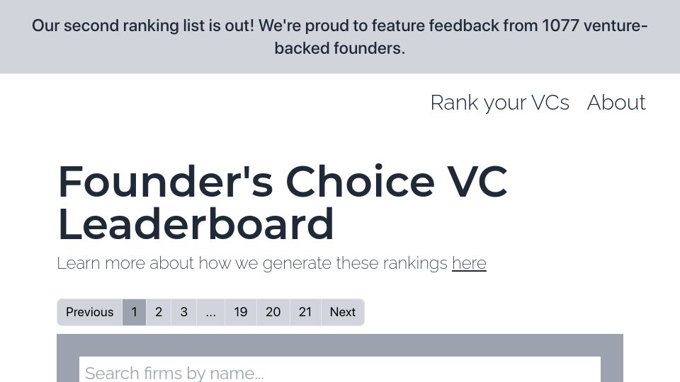 Screenshot of founderschoicevc.com: Elo for VC – Founder's Choice