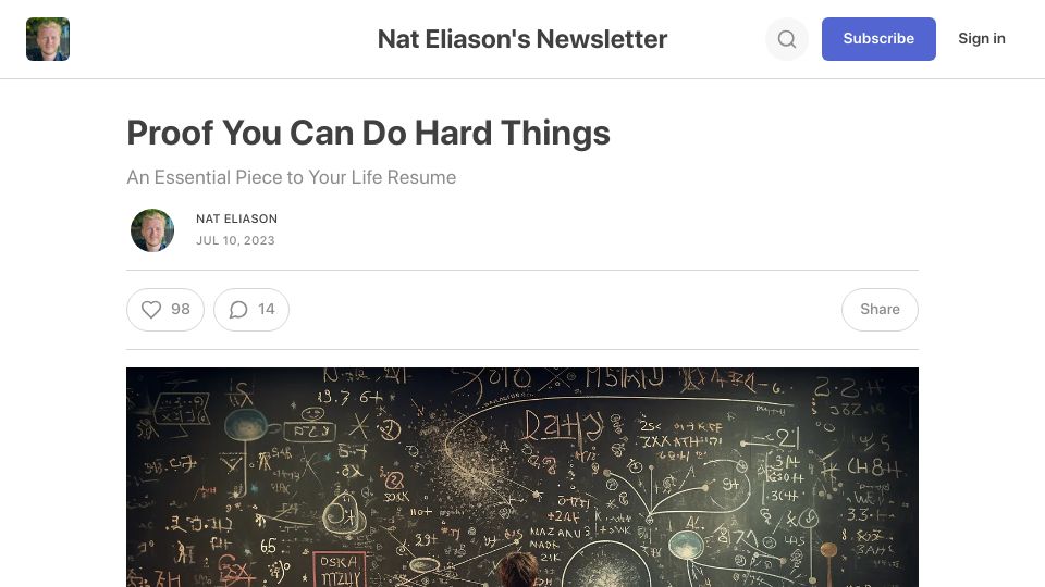 Screenshot of blog.nateliason.com: Proof you can do hard things