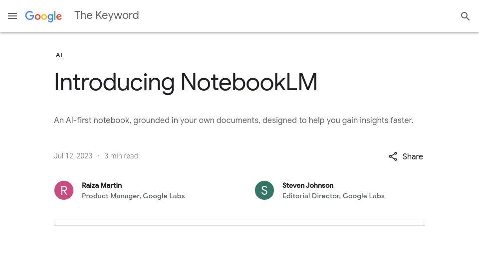 Screenshot of blog.google: NotebookLM: An AI Notebook