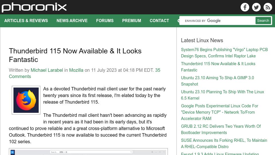 Screenshot of phoronix.com: Thunderbird 115 Now Available and It Looks Fantastic