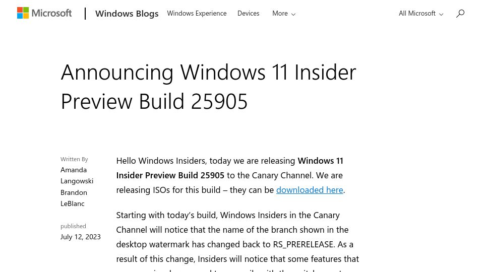 Screenshot of blogs.windows.com: Windows 11 Insider Preview Build 25905 brings a bit of Rust in the kernel