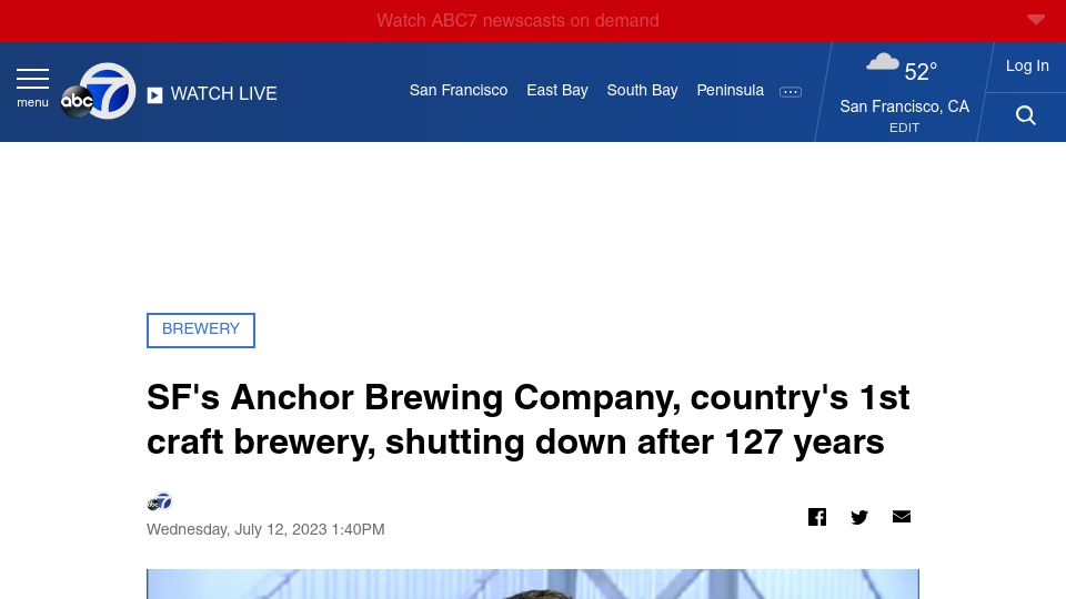 Screenshot of abc7news.com: SF's Anchor Brewing Company shutting down after 127 years