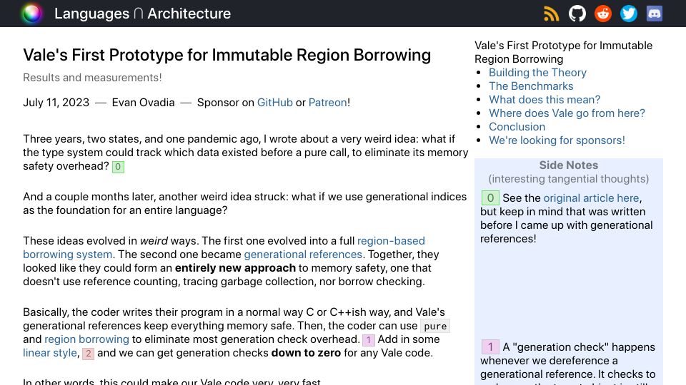 Screenshot of verdagon.dev: Vale's first prototype for immutable region borrowing