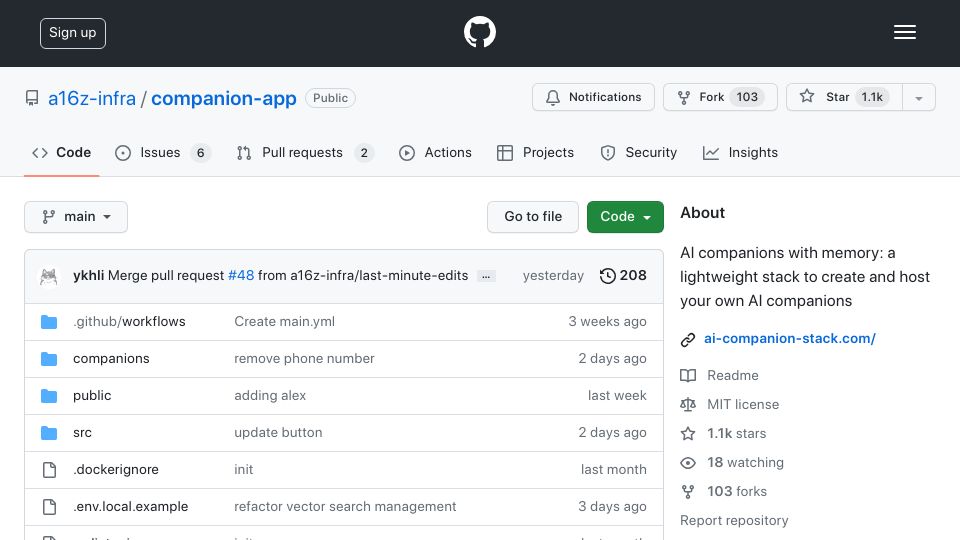 Screenshot of github.com: Show HN: AI companions stack – create and host your own AI companions