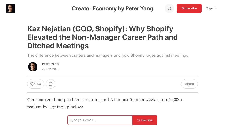 Screenshot of creatoreconomy.so: Shopify elevated the non-manager career path and ditched meetings