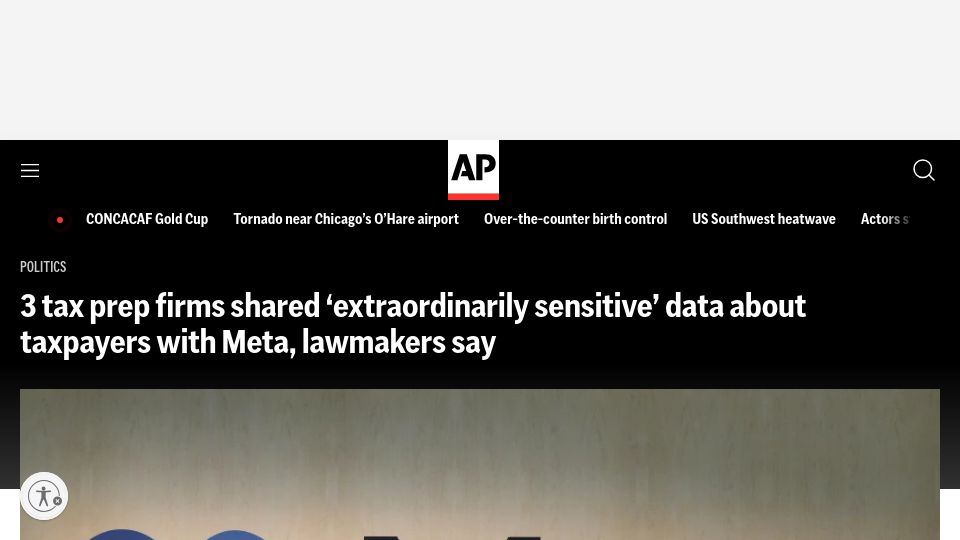 Screenshot of apnews.com: Tax prep firms shared ‘extraordinarily sensitive’ data about taxpayers with Meta