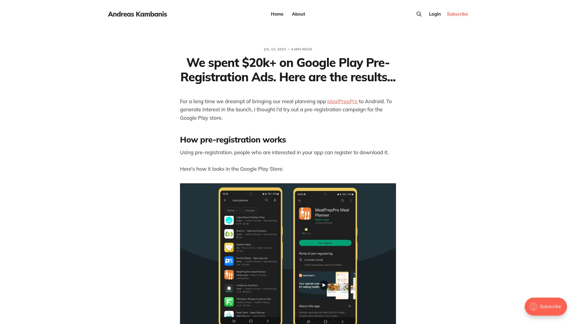 Screenshot of andreaskambanis.com: We spent $20k on Google Play pre-registration ads