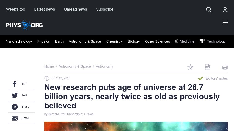 Screenshot of phys.org: Age of universe at 26.7B years, nearly twice as old as previously believed