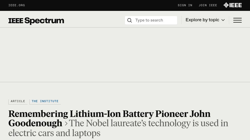 Screenshot of spectrum.ieee.org: Remembering lithium-ion battery pioneer John Goodenough