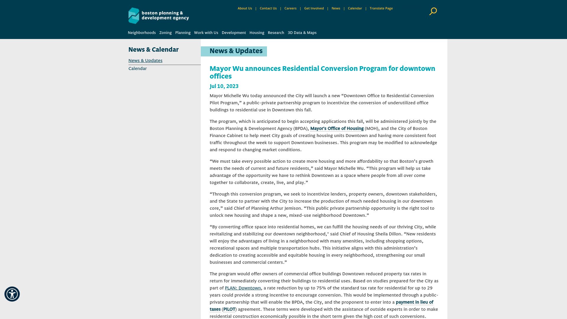 Screenshot of bostonplans.org: Boston mayor announces residential conversion program for office buildings