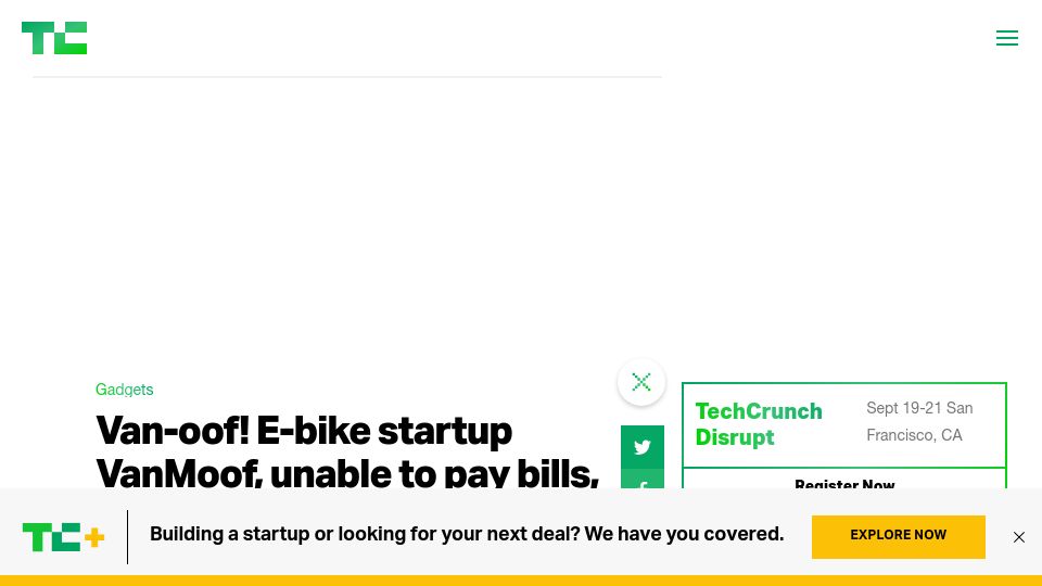 Screenshot of techcrunch.com: Dutch E-Bike startup VanMoof unable to pay the bills