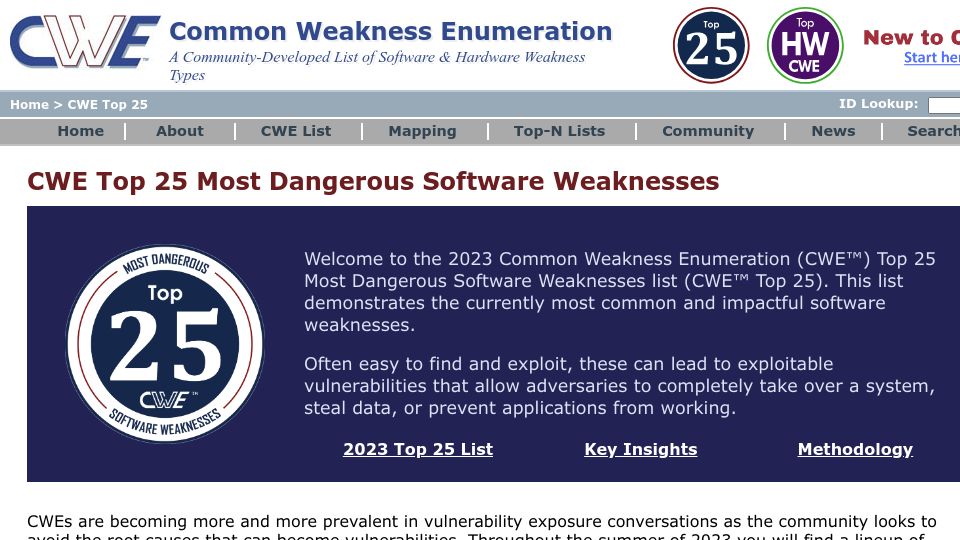 Screenshot of cwe.mitre.org: CWE Top Most Dangerous Software Weaknesses