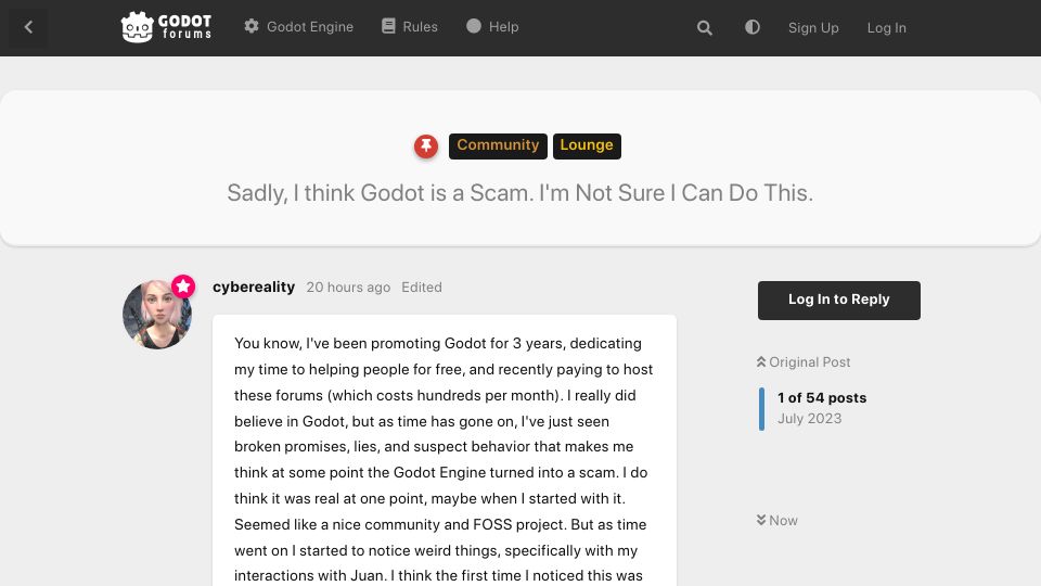 Screenshot of godotforums.org: “Sadly, I Think Godot Is a Scam. I'm Not Sure I Can Do This.”