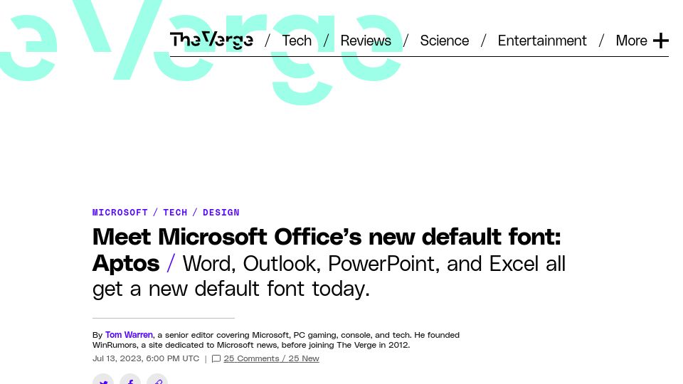 Screenshot of theverge.com: Microsoft Office’s new default font: Aptos