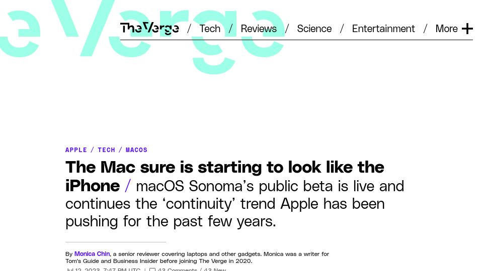 Screenshot of theverge.com: The Mac Sonoma sure is starting to look like the iPhone