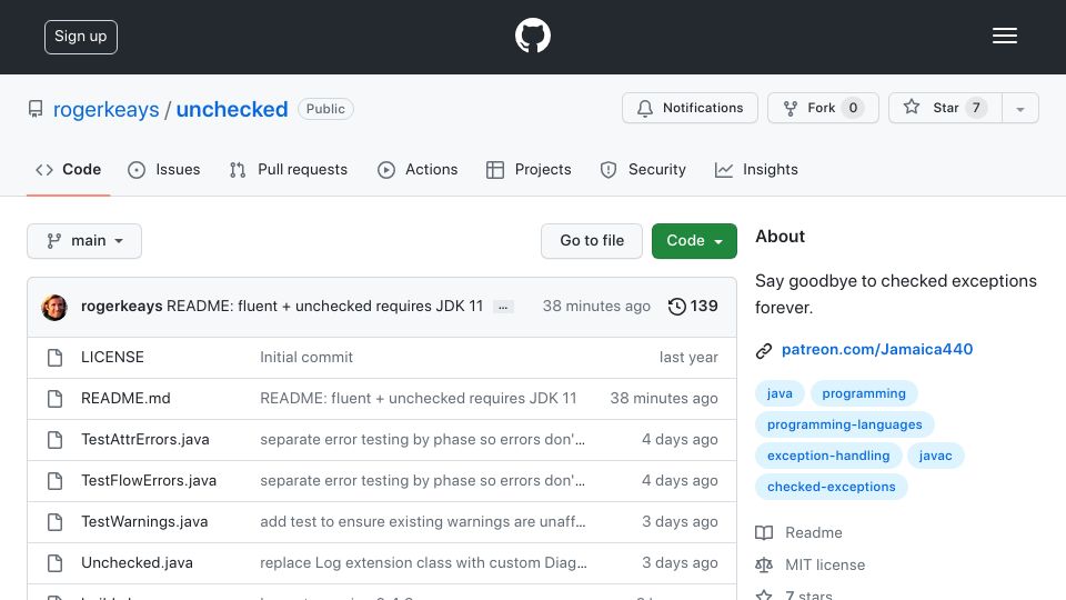 Screenshot of github.com: Unchecked Java: Say goodbye to checked exceptions