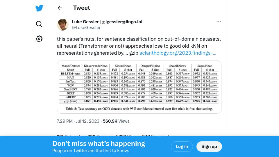 Screenshot of twitter.com: Gzip and KNN Outperforms Transformers on Text Classification