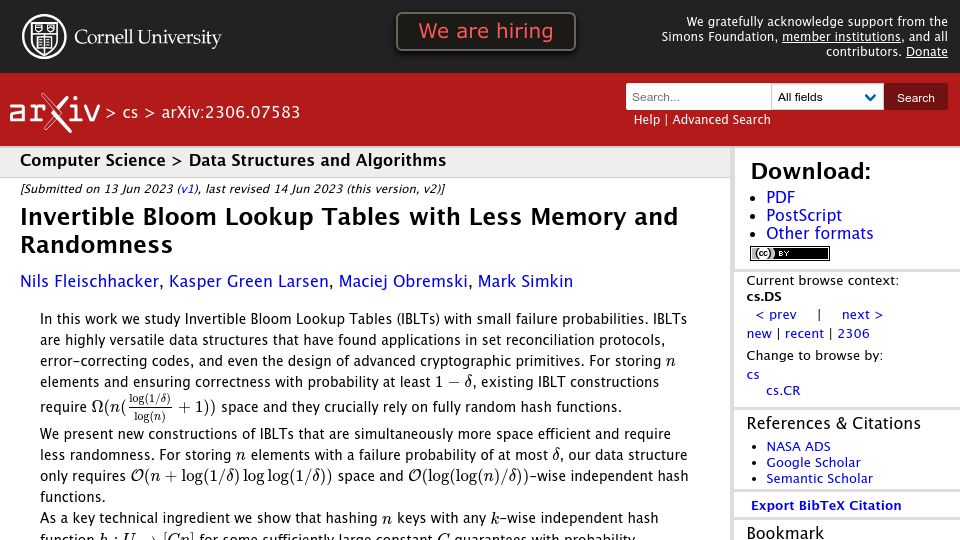 Screenshot of arxiv.org: Invertible Bloom Lookup Tables with Less Randomness and Memory