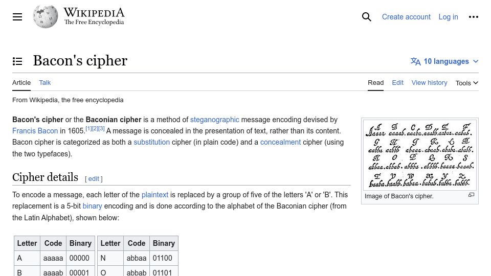 Screenshot of en.wikipedia.org: Bacon's Cipher