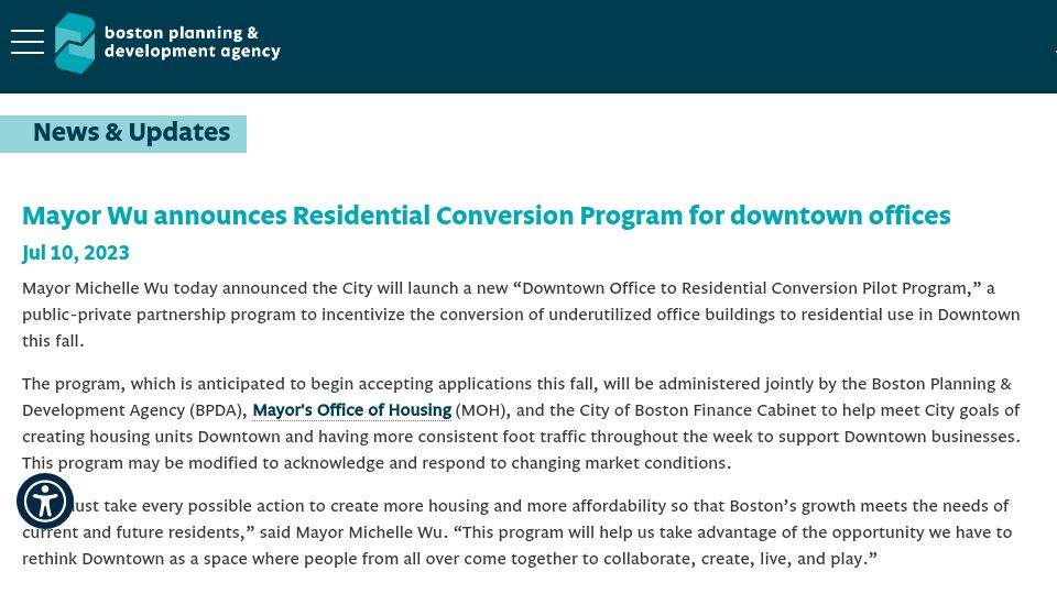 Screenshot of bostonplans.org: Boston mayor announces residential conversion program for office buildings
