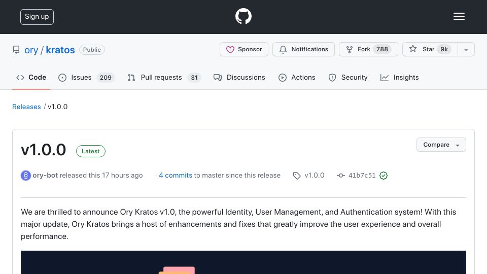 Screenshot of github.com: Ory Kratos v1.0 with passkeys, MFA and multi-region