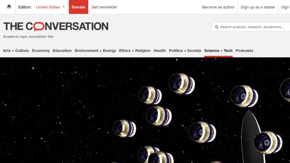 Screenshot of theconversation.com: A new, thin-lensed telescope design could far surpass James Webb