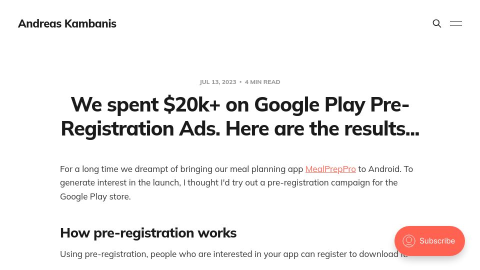 Screenshot of andreaskambanis.com: We spent $20k on Google Play pre-registration ads
