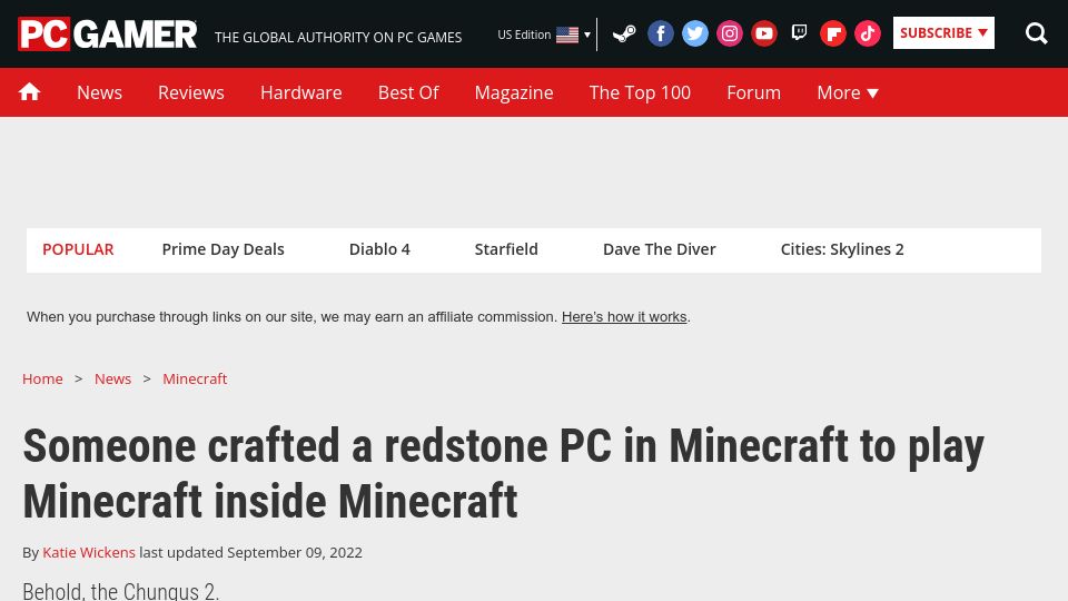 Screenshot of pcgamer.com: A redstone PC in Minecraft to play Minecraft inside Minecraft (2022)