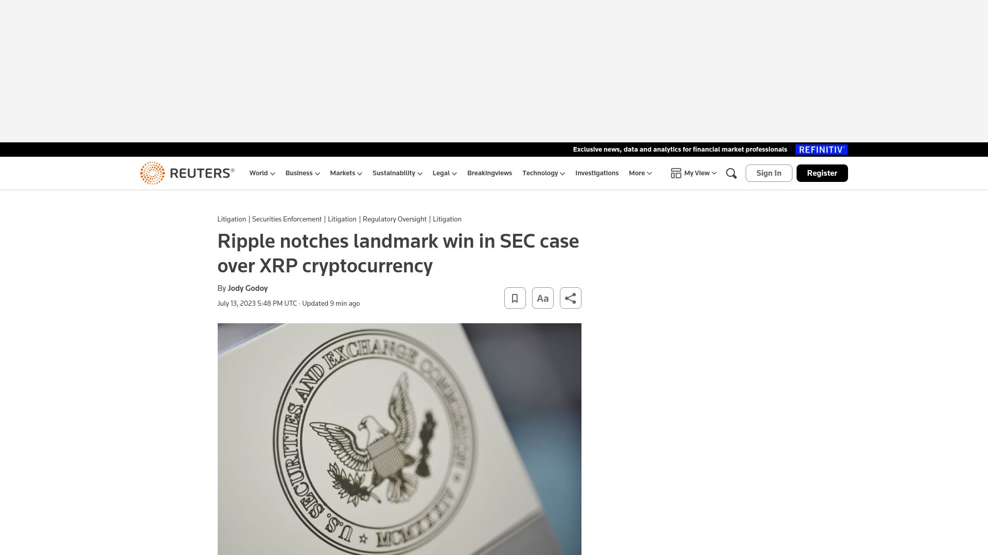 Screenshot of reuters.com: Ripple notches win in SEC case over XRP cryptocurrency