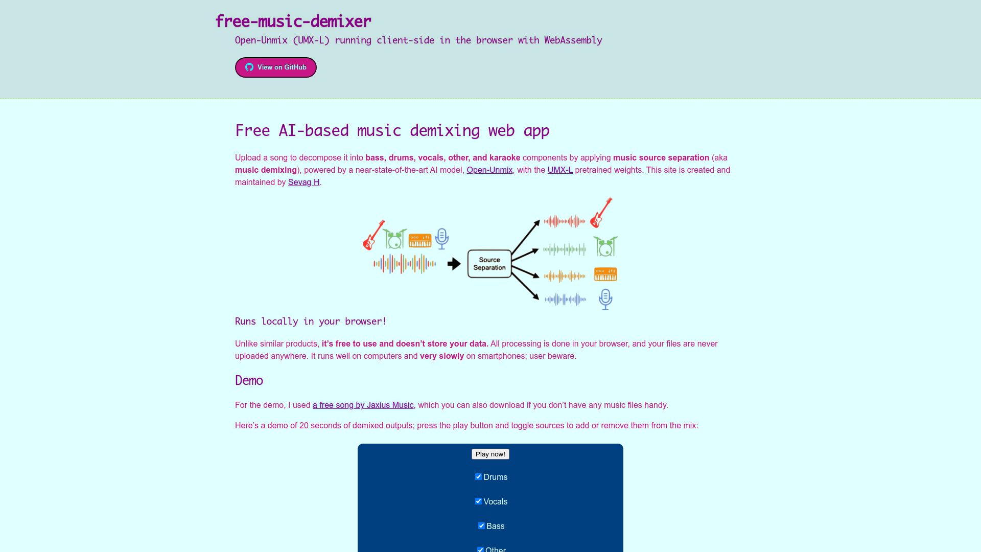 Screenshot of sevag.xyz: Show HN: Free AI-based music demixing in the browser