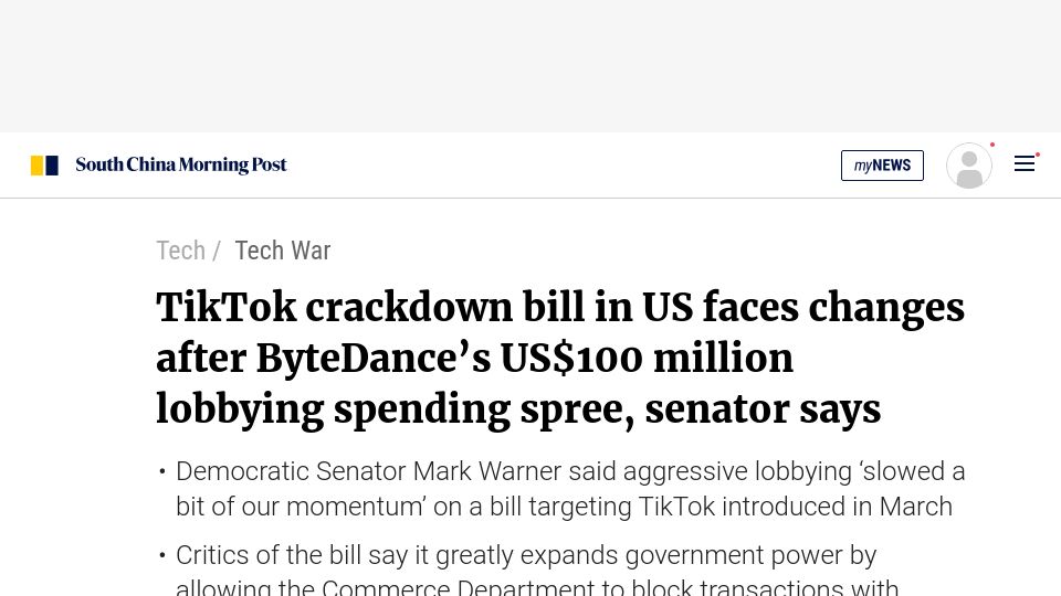 Screenshot of scmp.com: TikTok ban bill in US faces changes after ByteDance spent $100M on lobbying