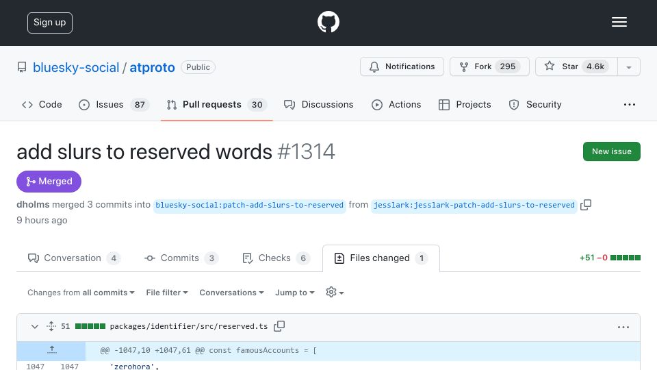 Screenshot of github.com: Bluesky now checks against this array of slurs when creating a username
